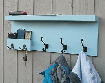 Large Entryway Storage Coat Rack with pocket, Mail Storage Coat Hooks, Key Hooks Shelf, Rustic Entryway Coat Rack Shelf, Phone Key Organizer