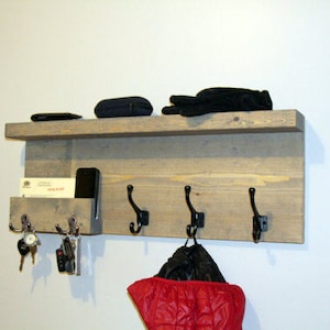 Entryway Storage Coat Rack with pocket, Mail Storage Coat Hooks, Key Hooks Shelf, Rustic Entryway Coat Rack Shelf, Phone Key Organizer
