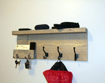 Entryway Storage Coat Rack with pocket, Mail Storage Coat Hooks, Key Hooks Shelf, Rustic Entryway Coat Rack Shelf, Phone Key Organizer