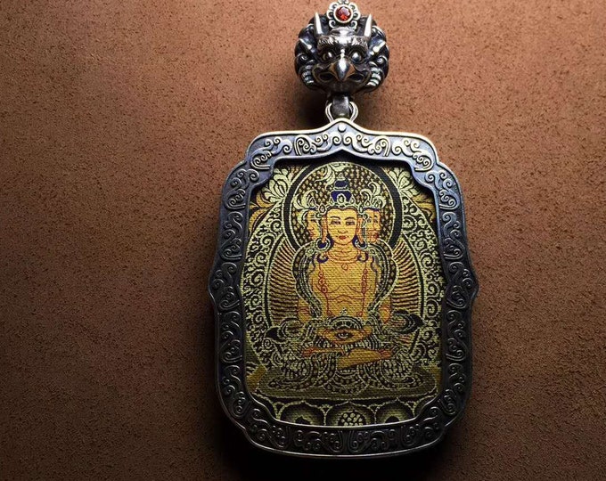 amulet of protection Vairocana Tibetan Sterling Silver 925 tangka hand painted