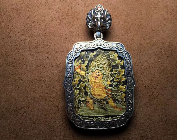amulet of protection Mahasthamaprapta Tibetan Sterling Silver 925 tangka hand painted