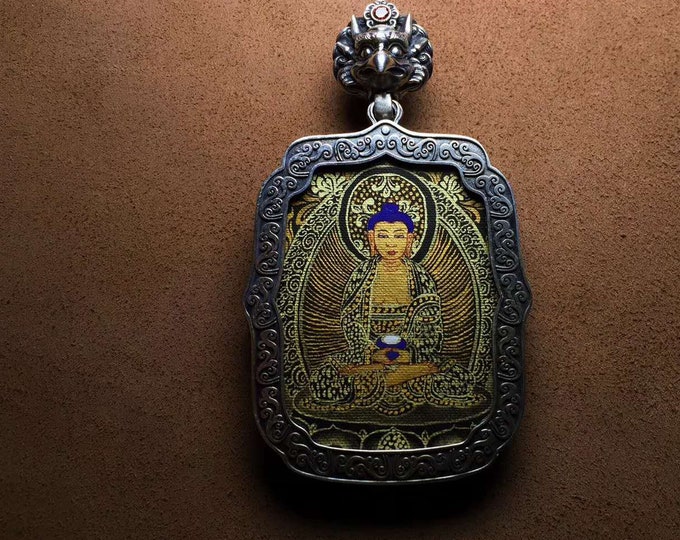 Amitabha Tibetan silver protection amulet 925 tangka hand painted