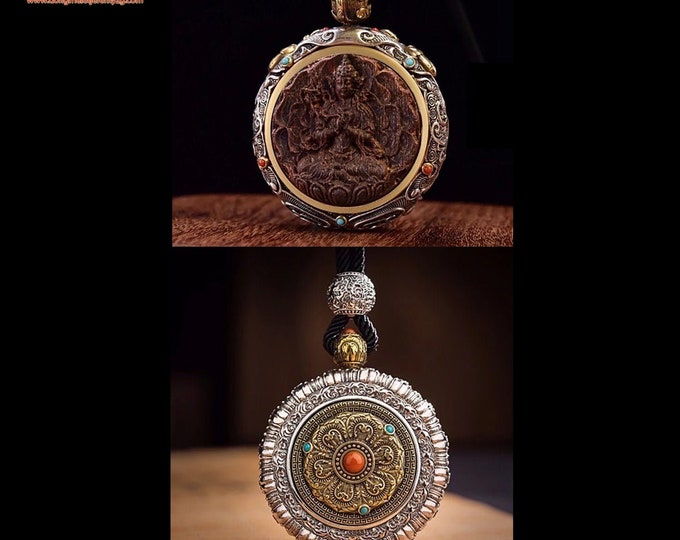Amulette pendentif de protection bouddhiste Samantabhadra Bois d'aquilaria (Agar) argent 925 cuivre turquoise agate nan hong mantra au verso