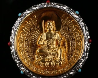 amulette de protection bouddhiste, Bouddha Acala en argent massif 925, plaqué or 18k turquoise, agate nan hong. mantra tournant au verso