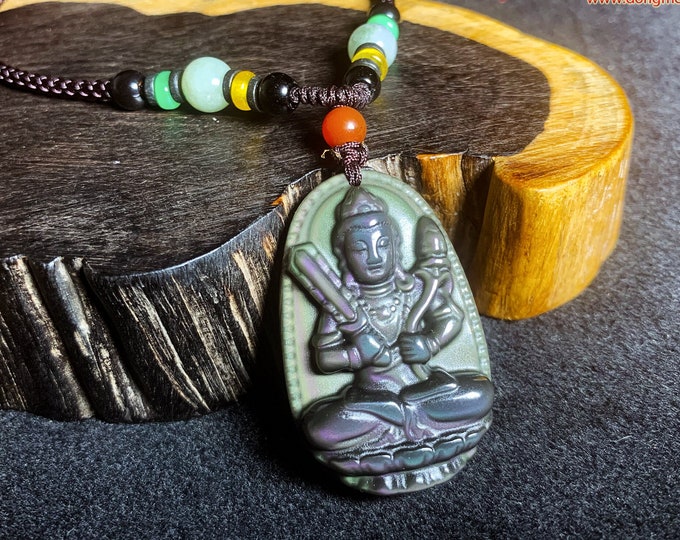 Pendant, Buddha, Akashagarbha . Buddhist amulet obsidian celeste eye. obsidian natural celeste eye from Mexico. Cord, jade.