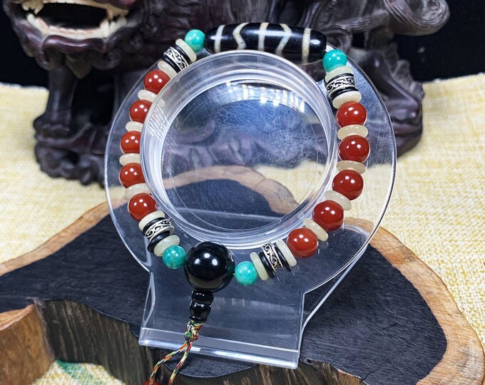 Sacred Tibetan Agate Bracelet DZI. Dzi Double Wave, Tibetan Buddhist Protection. Obsidian , carnelian, silver amazonite 925