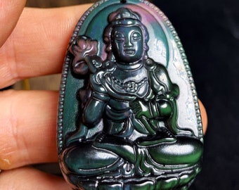 Pendant, Buddha, Mahasthamaprapta. Buddhist amulet in, obsidian celeste eye. obsidian natural celeste eye. Cordon, jade.