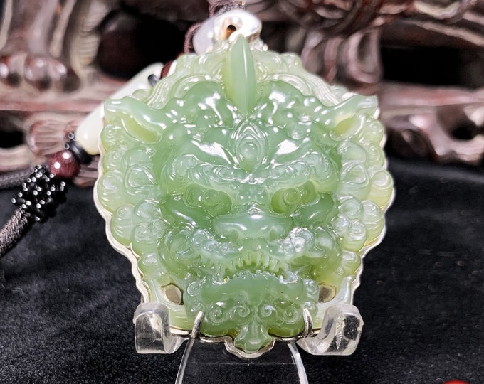 pendentif Pixiu en jade et argent 925  Feng- shui amulette de protection Taoïste. Fils du dragon Jade néphrite du Qinghai naturel, expertisé