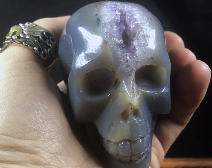Crystal skull.  hand-carved skull. Agate gangue amethyst geode. unique piece.