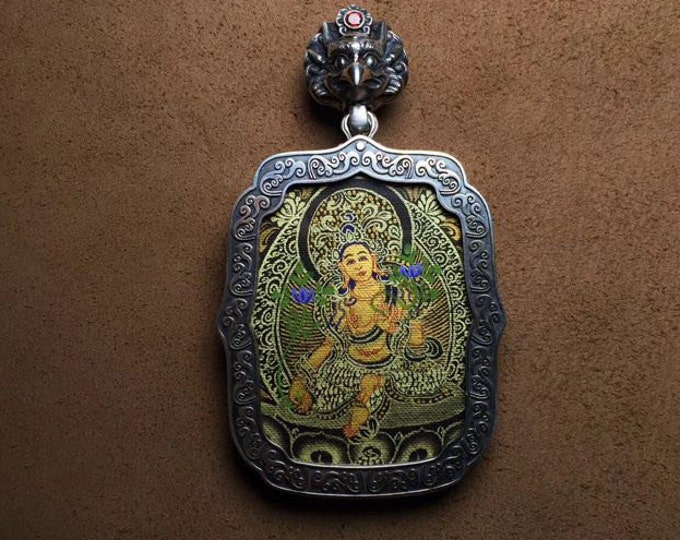 Tibetan protection amulet Tara green form, Sterling Silver 925 handpainted tangka