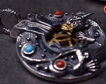 dragon pendant pixiu. talisman, feng shui protection amulet. Good fortune. Silver 925 punched, copper, turquoise, agate nan hong.