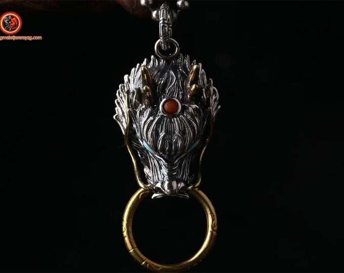 Dragon protection pendant. Silver 925 copper, turquoise Arizona agate called "nan hong" (southern red) of Yunnan