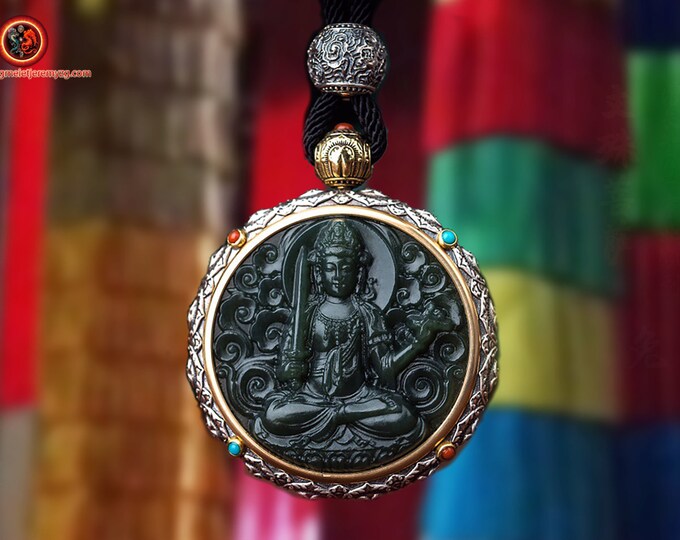 Amulette pendentif de protection bouddhiste Manjushri jade argent 925 cuivre turquoise agate nan hong. mantra de la compassion tournant