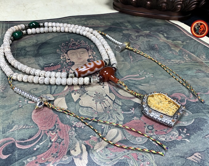 Mala tibétain chapelet bouddhiste traditionnel 108 perles de graines de pipal (figuier sacré) DZI amulette  Yamatanka  tantra de kalachakra