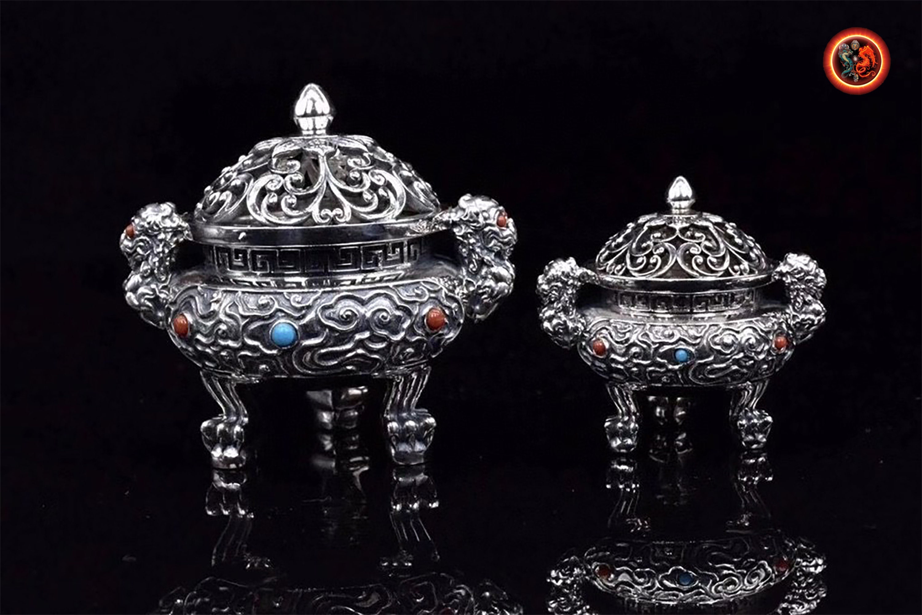 Brûle Encens, Brûle Parfum Argent 925 Poinçonné, Turquoise et Agate Nan Hong. Objets de Collection. 