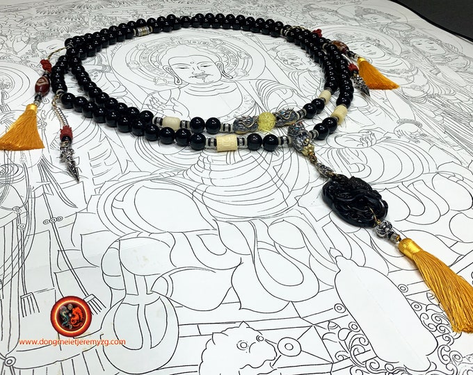Great dragon mala, prayer rosary, Buddhist meditation 108 obsidian beads celeste eye. Amber from Burma. DZI, cinabra silver