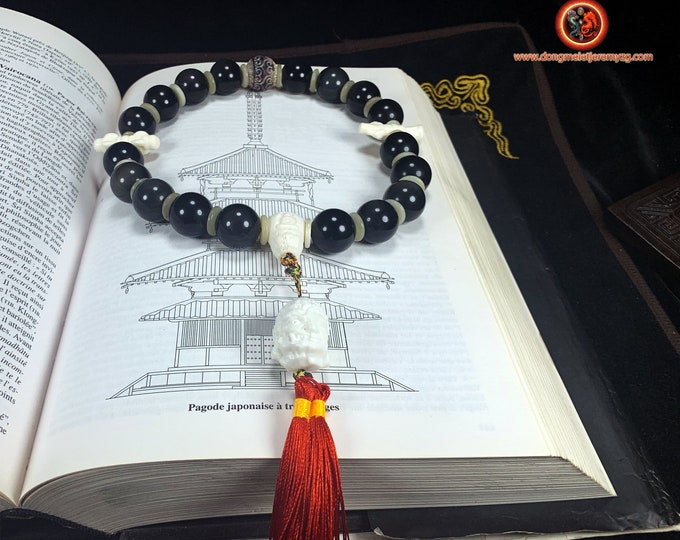 Belt mala. Ch'an and Zen Buddhist rosary. 18 beads in obsidian celeste eye. Buddha shakyamuni/ Acala. Dorje and bell.