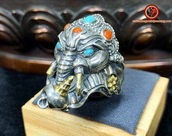 Ganesh ring silver 925, turquoise copper from Arizona agate called "nan Hong".