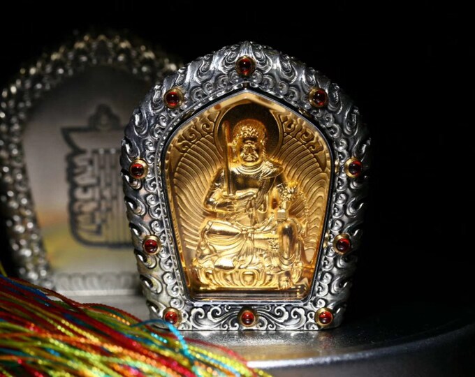 Tibetan Buddhist protection amulet, Acala, 925 silver, garnets, 18K gold plated silver, Kalachakra Tantra engraved on the back.