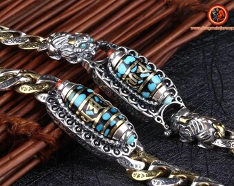 Tibetan sacred agate bracelet, rotating DZI, 925 silver, copper, Pixiu, Arizona turquoise, nan hong agate (southern red) from Yunnan
