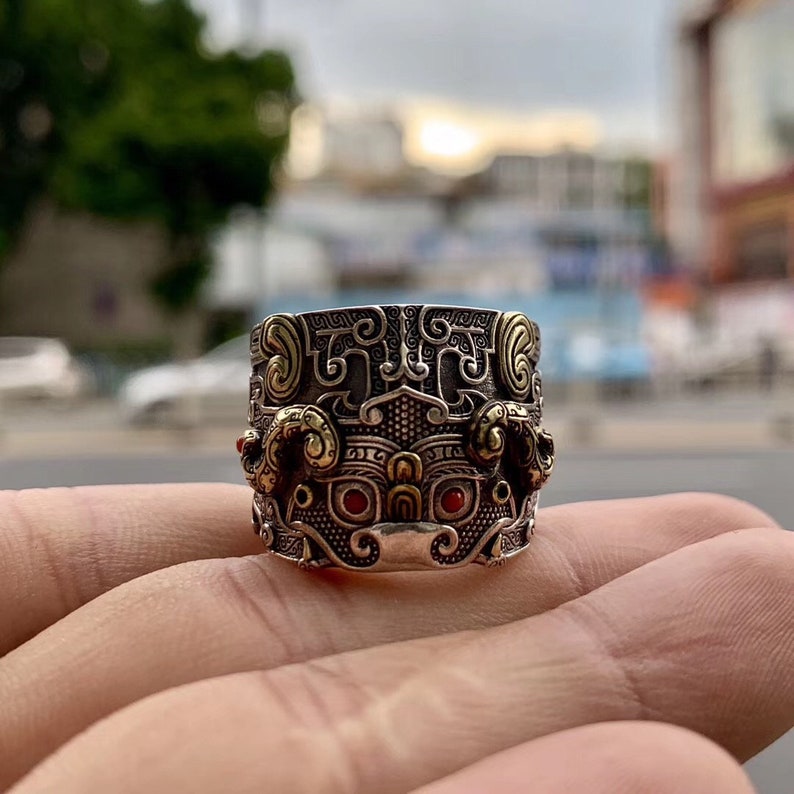 copper 925 silver protective ring feng shui dragon pattern taotie Arizona turquoise or agate called nan hong.