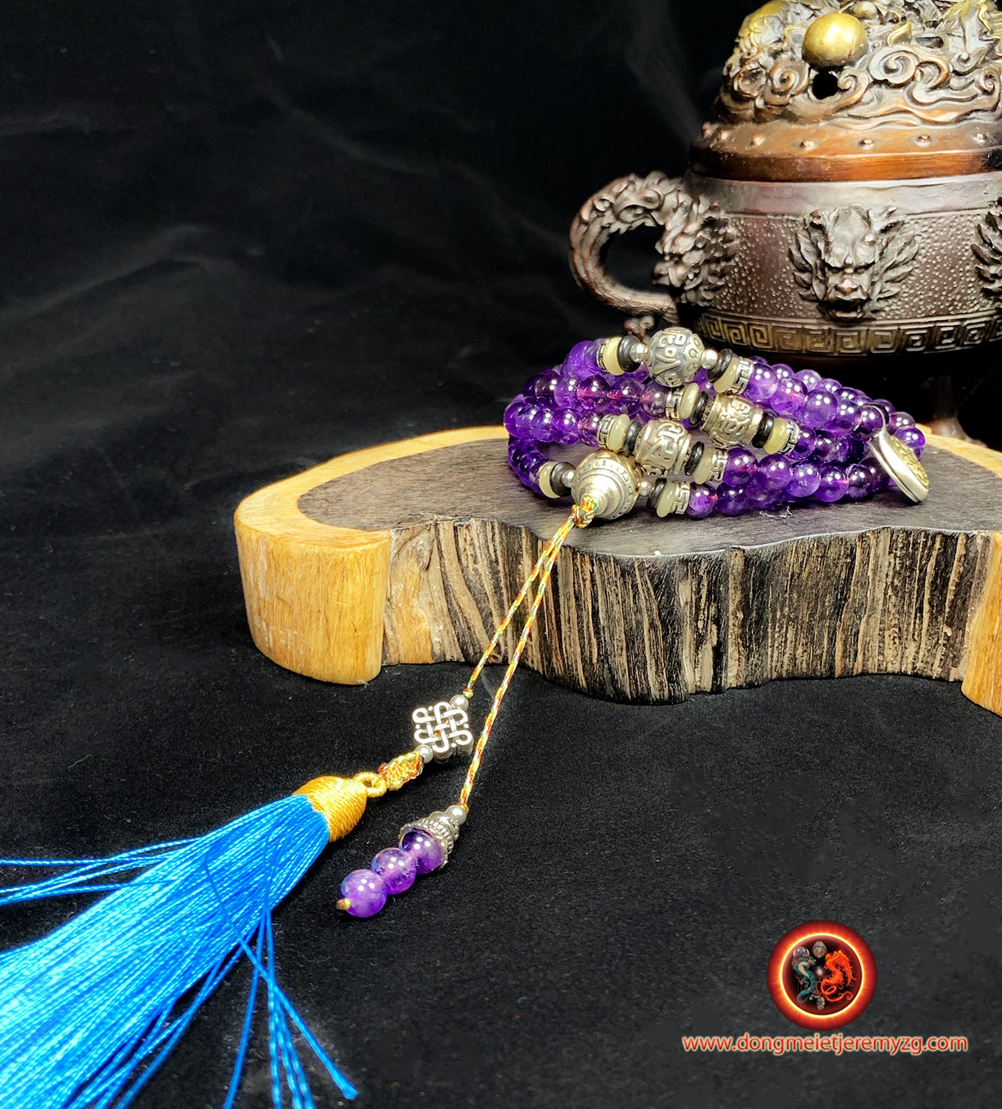 Mala, Chapelet de Prière et Méditation Bouddhiste. 108 Perles d'améthyste, Argent 925, Mantra La Com