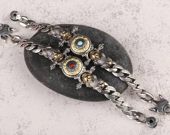feng shui protective bracelet. Pixiu, wheel of tounante life, bagua trigrams. Turquoise or agate called nan hong. Silver 925