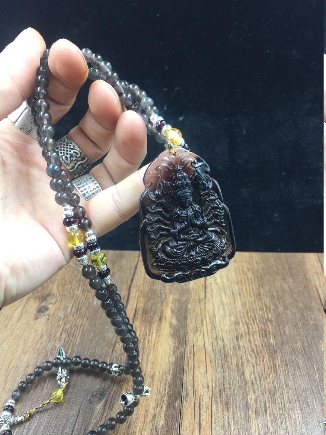 Mala, Chapelet Bouddhiste, Obsidienne Glace, Ambre de Birmanie, Argent 925 Bodhisattva Avalokitesvar
