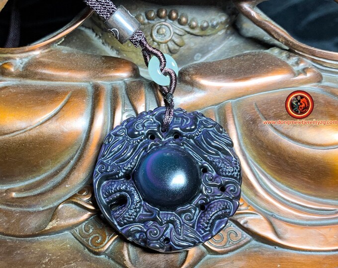 dragon pendant. Obsidian eye celeste of rare and exceptional quality from Mexico. Feng shui protection. Obsidian appraised.
