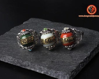 Ring, Tibetan Buddhism, DZI inspiration (Tibetan sacred agate) mantra of compassion, silver 925, copper, jade or nan hong.