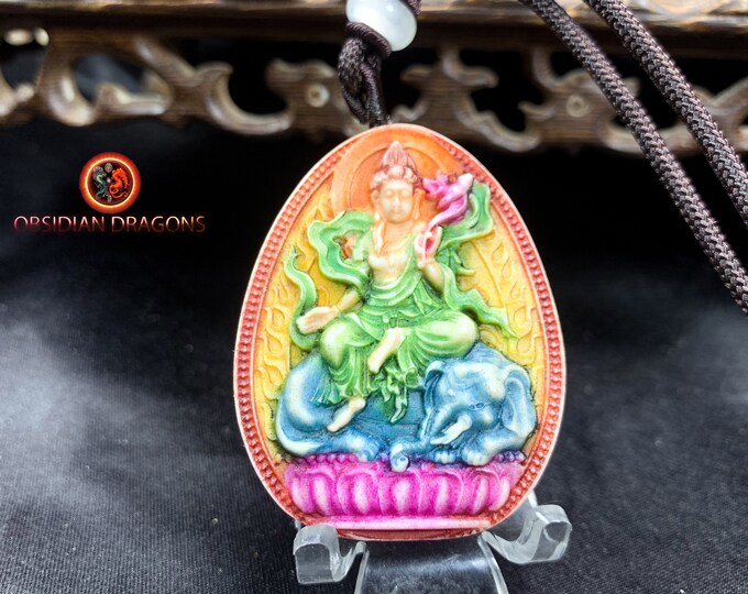 Pendant, talisman, Buddha amulet. bodhisattva Samantabhadra. Handcrafted carved in deer antlers. Rare collector's item.