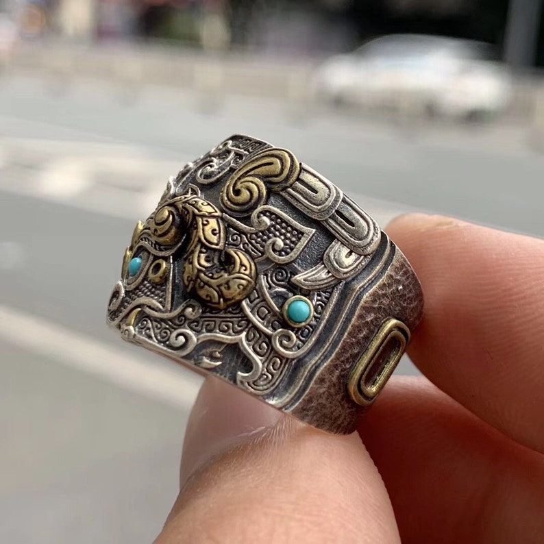 copper 925 silver protective ring feng shui dragon pattern taotie Arizona turquoise or agate called nan hong.