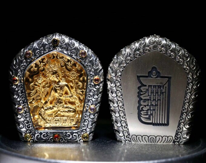 Tibetan Buddhist protective amulet, Green Tara, , 925 silver, garnets, 18K gold plated silver, Kalachakra Tantra engraved on the back.
