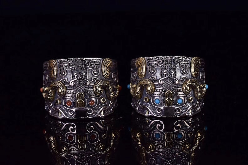 copper 925 silver protective ring feng shui dragon pattern taotie Arizona turquoise or agate called nan hong.