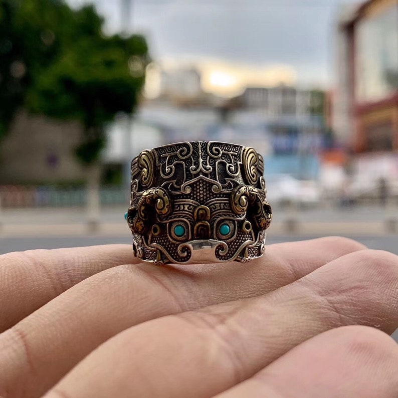 copper 925 silver protective ring feng shui dragon pattern taotie Arizona turquoise or agate called nan hong.