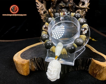 Mala bracelet. Buddhist bracelet. Meditation. silver obsidian, authentic Tibetan sacred agates "DZI". Sakyamuni Buddha/ Acala