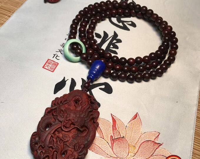 Mala Buddhist rosary 108 red sandalwood beads protective talisman Feng Shui dragon agate nan hong lapis lazuli turquoise