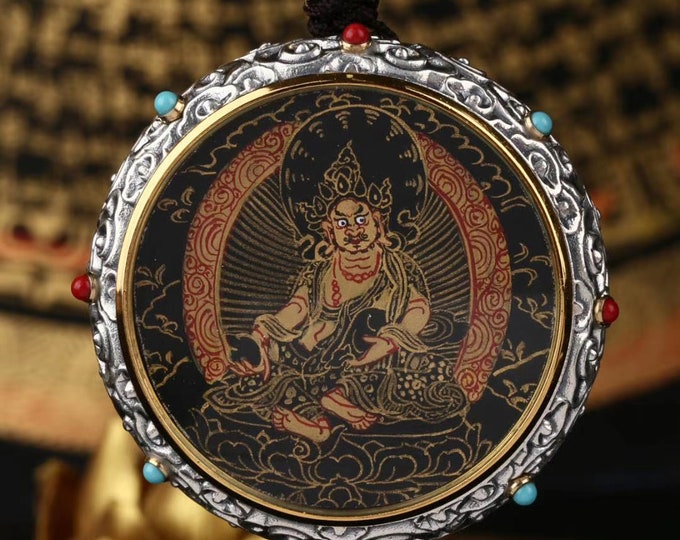 Tibetan Buddhist protection amulet tangka Jambhala in solid silver 925 turquoise nan hong. mantra turning to the back