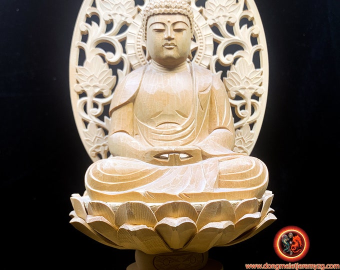 Statue, statuette bouddhiste. Bouddha Amitabha. Cedre jaune d'Alaska. Travail artisanal exceptionnel. Démontable Dimensions 32cm/16cm/15cm