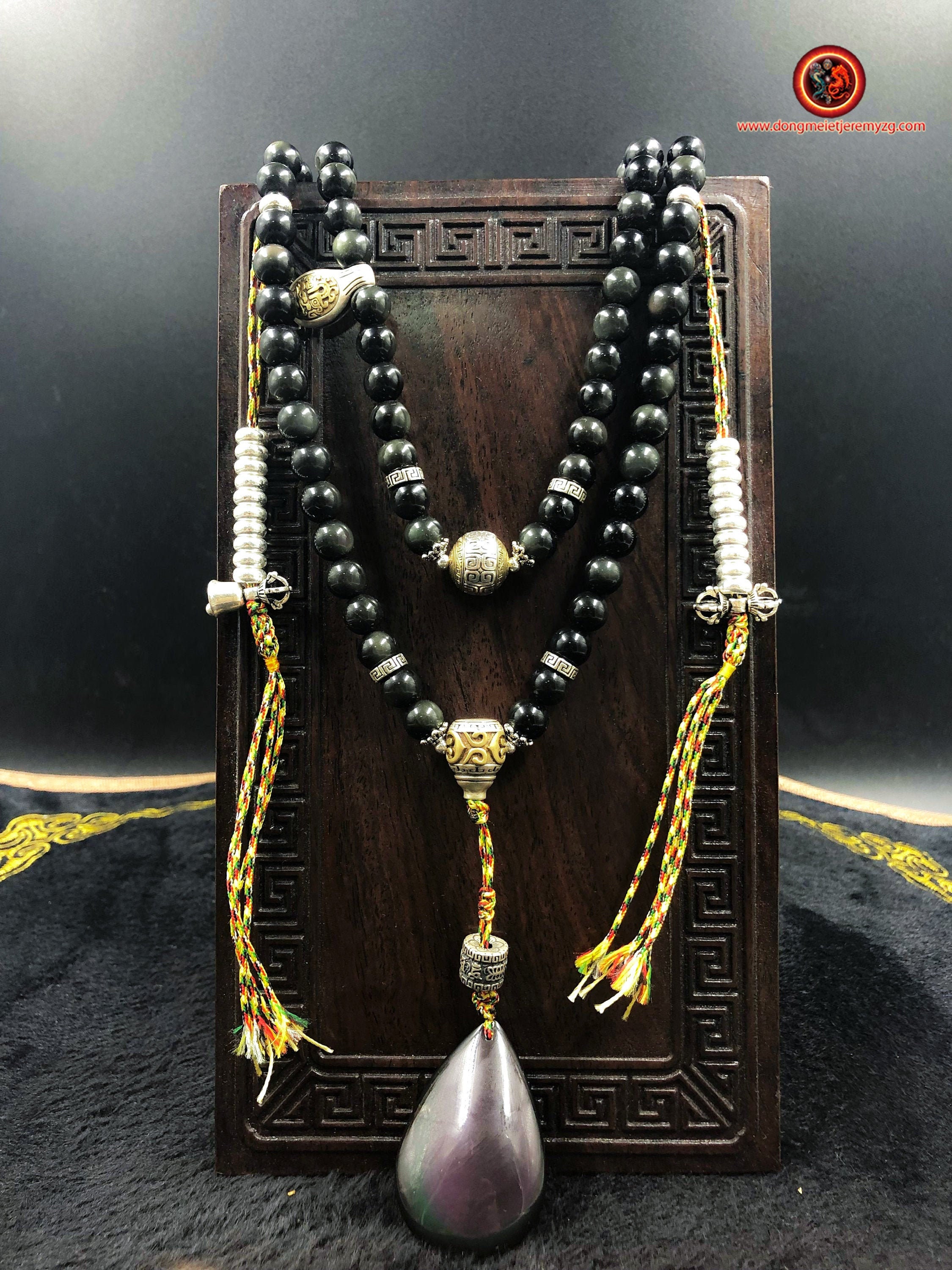 Mala, Chapelet Bouddhiste. 108 Perles d'obsidienne Oeil Celeste, Argent 925. Goutte en Obsidienne Ce