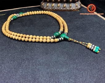 Mala rosary of Buddhist meditation 108 rare and exceptional sandalwood beads called "Laoshan", malachite, silver 925, bone and buffalo horn