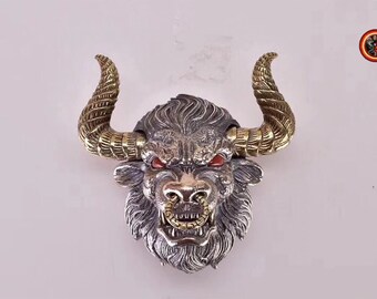 Buffalo bull head pendant Silver 925 punched, copper, agate called "nan hong" (southern red) from Yunnan.