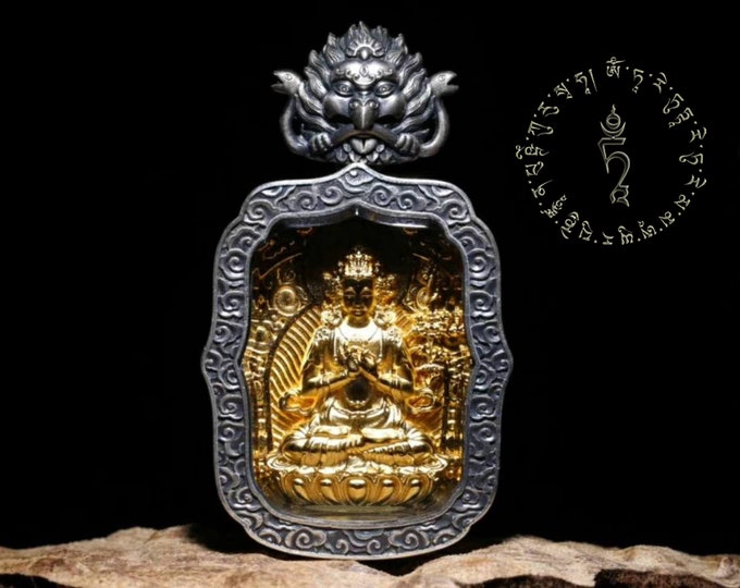 Akashagarbha Tibetan protection amulet in solid silver 925, gold plated 18k,