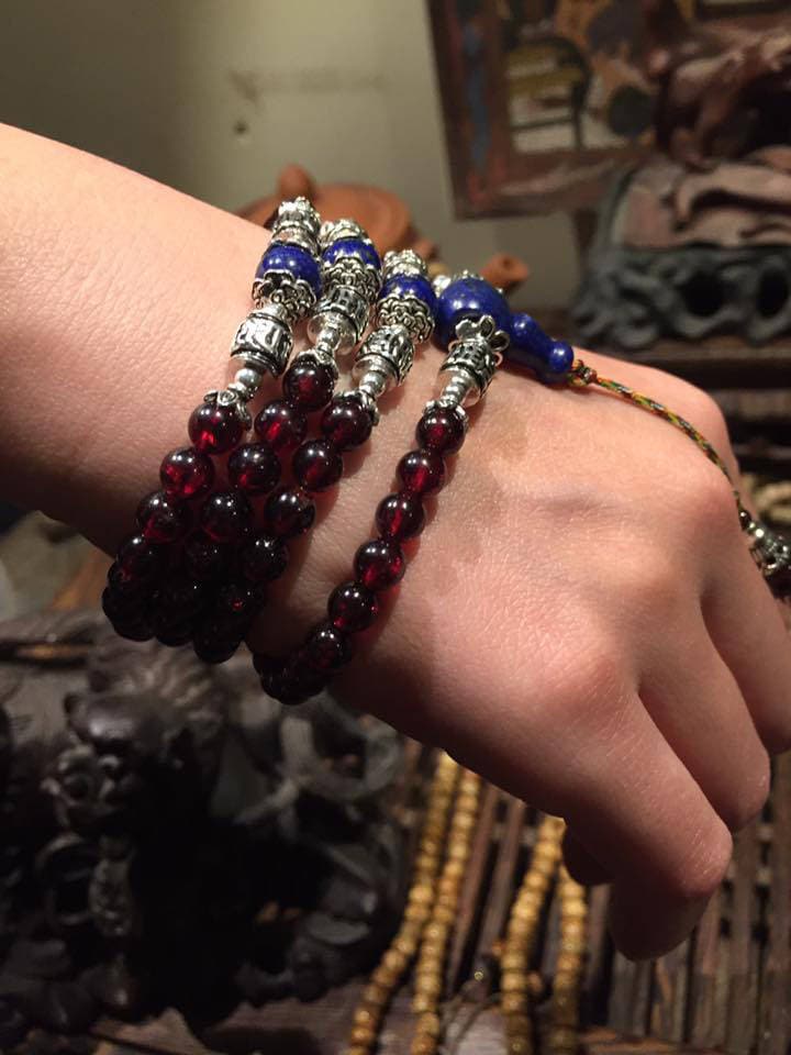 Mala Grenat Pyrope, Lapis Lazuli, Argent 925/1000Ème, Goutte en Fluorite