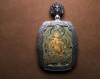 Samantabhadra Tibetan Protective Amulet in Solid Silver 925 Tangka Hand Painted