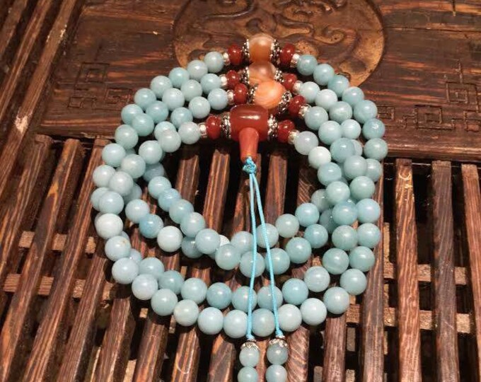 mala, Buddhist rosary in central Asian blue amazonite, cornaline and frosted agate