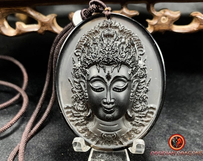 Buddha pendant in obsidian ice Tara sak yant Thai unaloma Obsidian natural ice appraised Comes with adjustable cord.
