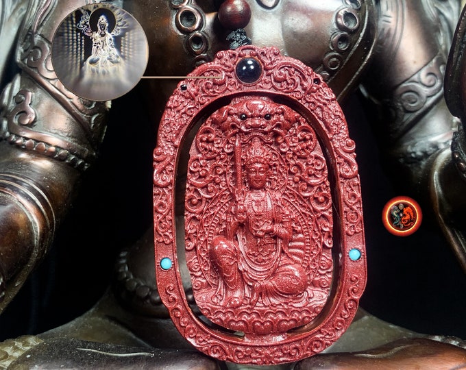Pendant, Tibetan Buddhist amulet, Buddha. Manjushri. Cinnabar. heart sutra in nanoscript. Buddhist protection. With cord