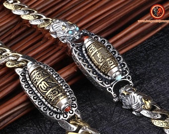 Tibetan sacred agate bracelet, rotating DZI, 925 silver, copper, Pixiu, Arizona turquoise, nan hong agate (southern red) from Yunnan