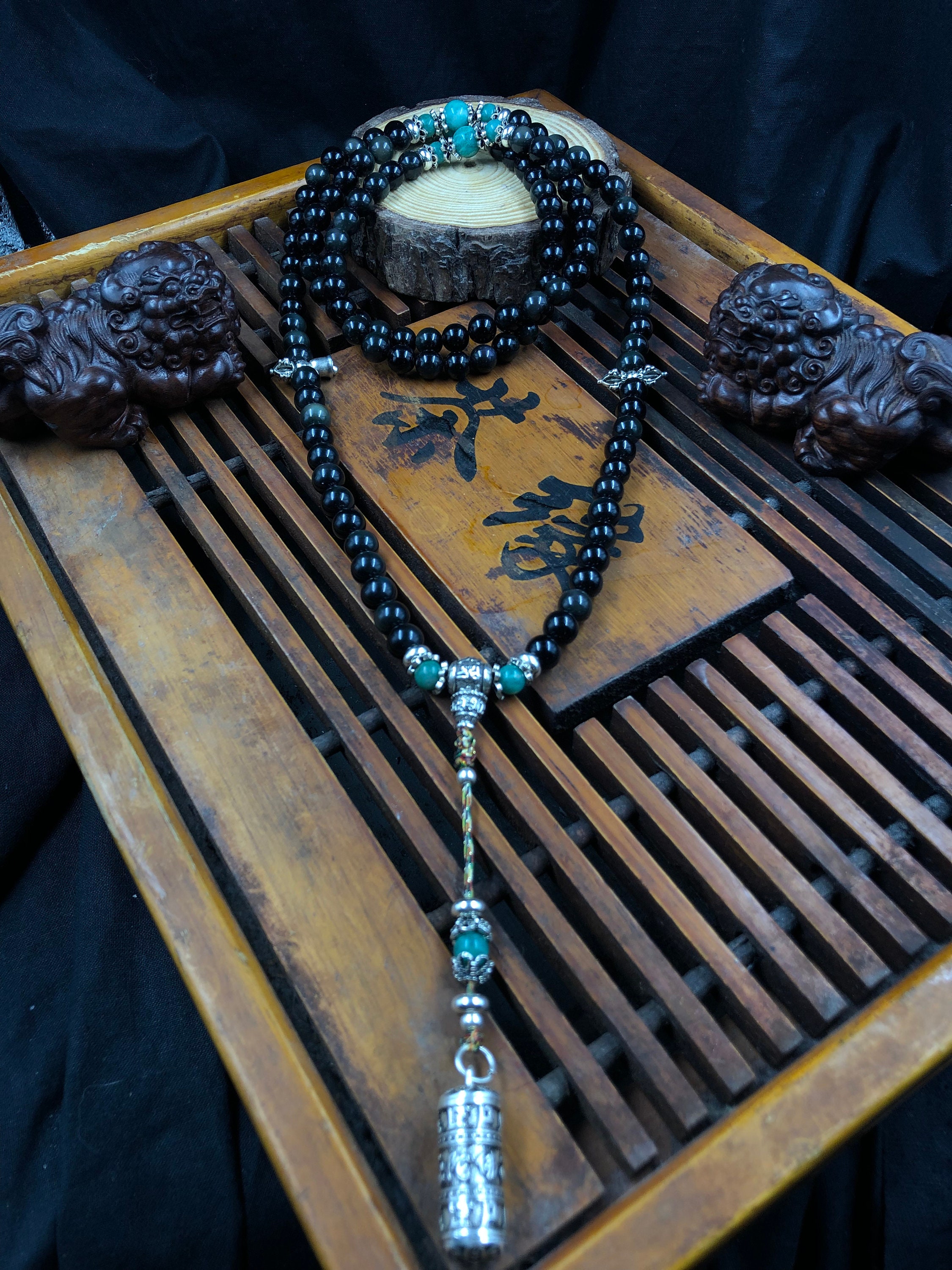 Mala Obsidienne Oeil Céleste, Amazonite, Reliquaire Argent 925/1000Ème